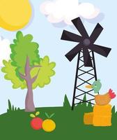 Nutztiere Ente im Heu Früchte Windmühle Baum Gras Cartoon vektor