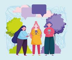 Menschen und Smartphone, Gruppe Frauen mit mobilen SMS Chat-Cartoon vektor