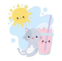 söt katt med milkshake sun kawaii seriefigur vektor