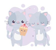 süße kleine Katzen mit süßen Cupcakes kawaii Zeichentrickfigur vektor