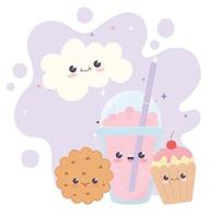 süße Milchshake-Cookie-Cupcake-Wolke kawaii Zeichentrickfigur vektor