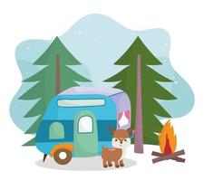 Camping süßer Hirsch Anhänger Lagerfeuer Bäume Wald Cartoon vektor