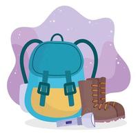 Camping Rucksack Stiefel und Taschenlampe Ausrüstung Cartoon vektor