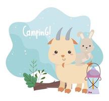 Camping süßes Kaninchen in Ziegenlampe und Kofferraum forst Cartoon vektor