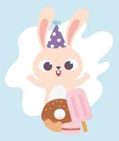 lycklig dag, kanin med fest hatt munk och glass i pinne vektor