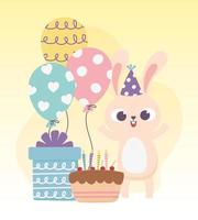 Glücklicher Tag, Kaninchen mit Partyhut und Kuchengeschenkballons vektor