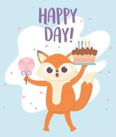 Glücklicher Tag, kleiner Fuchs mit Kuchen und Süßigkeiten im Stock vektor