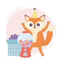 Glücklicher Tag, kleiner Fuchs mit Geschenkbox und Süßigkeiten vektor