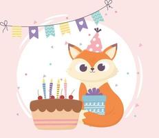 glücklicher Tag, kleiner Fuchs, der mit Geschenk und Kuchen sitzt vektor