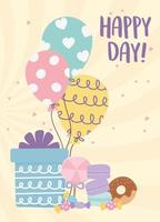 Happy Day, Geschenk Luftballons Donut Karamell Kekse Cartoon vektor