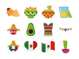cinco de mayo mexikanskt firande festligt parti nationella ikoner som platt stilikon vektor