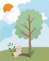 Camping niedlicher Kaninchenstamm Baum Laub Sonnenwolke Cartoon vektor