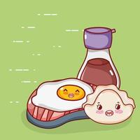 kawaii Spiegelei-Keks und Sake-Food japanischer Cartoon, Sushi und Brötchen vektor