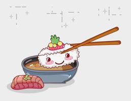 Kawaii Reisrolle in Stick und Fisch mit Wasabi-Essen japanischer Cartoon, Sushi und Brötchen vektor