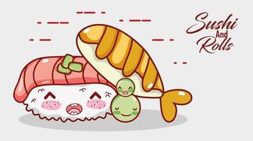 kawaii nigiri sushi fisch und erbsen essen japanischer cartoon, sushi und brötchen vektor