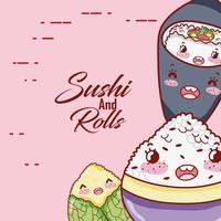 Kawaii Reis Temaki traditionelles Essen japanischer Cartoon, Sushi und Brötchen vektor