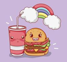 Fast Food niedlich lecker Burger Plastikbecher und Regenbogenwolken Cartoon vektor