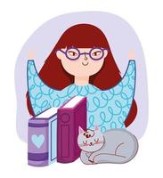 junge Frau mit Brillenbüchern und grauer Katze, Buchtag vektor