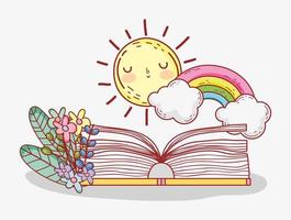 offenes Buch Regenbogenwolken Sonne Blumen Laub vektor