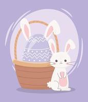 Frohe Ostern, süßes Kaninchen und Ei mit Ohren im Korb vektor