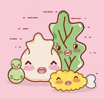 kawaii Huhn Tempura Gemüse und Knödel japanischen Cartoon, Sushi und Brötchen vektor