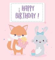 Alles Gute zum Geburtstag Fuchs und Kaninchen mit Geschenk- und Cupcake-Feierdekorationskarte vektor