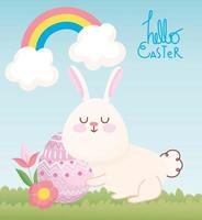 nettes Kaninchen des glücklichen Osters mit Blumen und Eierdekoration vektor