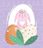 Frohe Ostern rosa Kaninchen und dekorative Eier Laub vektor