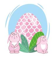 niedliche rosa Kaninchen der glücklichen Ostern mit Ei-Laubdekoration vektor