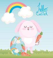 glad påsk rosa kanin med morötter och målade ägg regnbågsdekoration vektor