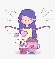 glad alla hjärtans dag, söt tjej med muffins och choklad kopp hjärtan älskar vektor