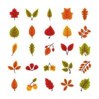 Bündel von fünfundzwanzig Herbstblättern im flachen Stil in grünem Hintergrund vektor