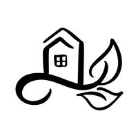 Eco Hausblatt. Einfache Kalligraphienatur Vektor-Bioikone. Estate Architecture Construction für Design. Gezeichnetes Logo-Grün-Gartenelement der Kunstausgangsweinlese Hand vektor