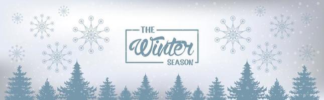 graues Winterplakat mit Schneeflocken und Waldszene vektor