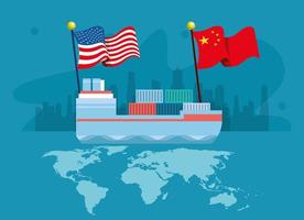 Handelsschiff mit Flaggen China und Vereinigte Staaten von Amerika vektor