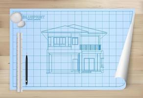 Idee des Hauses auf Blaupausenpapierhintergrund. Architekturzeichnungspapier auf hölzernem Beschaffenheitshintergrund. Vektor.