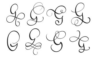uppsättning konst kalligrafi brev G med blomning av vintage dekorativa whorls. Vektor illustration EPS10