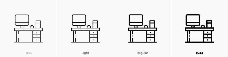 Büro Schreibtisch Symbol. dünn, Licht, regulär und Fett gedruckt Stil Design isoliert auf Weiß Hintergrund vektor