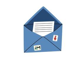 Hand gezeichnet süß Karikatur Illustration Brief oder Briefumschlag mit Porto Briefmarken. eben Vektor Mail Aufkleber im einfach farbig Gekritzel Stil. Post, Korrespondenz, Symbol oder drucken. isoliert auf Weiß Hintergrund.