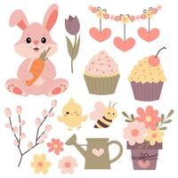 einstellen von Frühling dekorativ Elemente. Frühling Clip Art. Rosa Hase, Biene, Kranz, Blumen, usw. im eben Stil. vektor