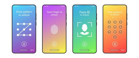 skärm låsa. uppsättning av fyra mobil telefon skärm loch lösenord gränssnitt för låsa skärm eller stiga på Lösenord sidor vektor illustration