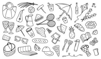 picknick sommar klotter uppsättning. korg, frukt, vin, utegrill, badminton, läger, termos i skiss stil. hand dragen vektor illustration