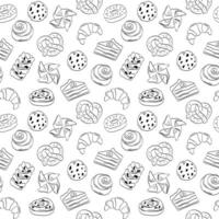 sömlös mönster hand dragen svart översikt bakverk bageri på vit bakgrund. vektor illustration