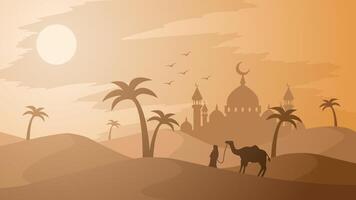 Ramadan Landschaft Vektor Illustration. Moschee Silhouette im das Wüste mit Kamel und ein Muslim. Moschee Landschaft zum Illustration, Hintergrund oder Ramadan. eid Mubarak Landschaft zum Ramadan Veranstaltung