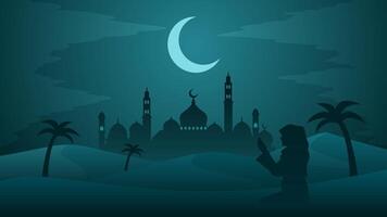ramadan landskap vektor illustration. moské silhuett på natt med bön- muslim i de öken. moské landskap för illustration, bakgrund eller ramadan. eid mubarak landskap för ramadan händelse