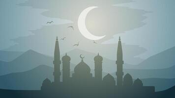 Ramadan Landschaft Vektor Illustration. Moschee Silhouette beim Nacht mit Halbmond Mond und Berg. Moschee Landschaft zum Illustration, Hintergrund oder Ramadan. eid Mubarak Landschaft zum Ramadan Veranstaltung