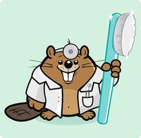 Karikatur Biber Zahnarzt halten ein Zahnbürste. Biber Zahnarzt Arzt. Vektor Illustration