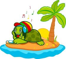 Meer Schildkröte beim das Strand. Karikatur Meer Schildkröte auf Insel Urlaube. Vektor Illustration
