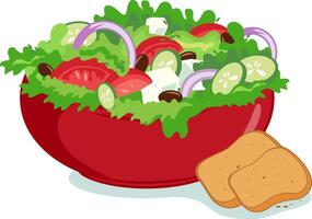 skål av färsk grekisk sallad. friska vegetabiliska sallad med sallad, tomat, fetaost ost och oliver. vektor illustration