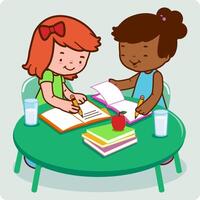 Studenten beim ein Schreibtisch tun ihr Hausaufgaben. Kinder Studenten Studie im das Klassenzimmer. Vektor Illustration